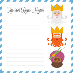 The three kings of orient. vectorized letter. Dear wise men written in Spanish
