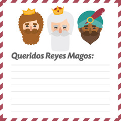 The three kings of orient. vectorized letter. Dear wise men written in Spanish
