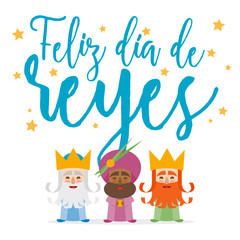 the three kings of orient on a white background. Christmas vectors. Happy Epiphany written in Spanish
