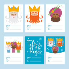 Collection of 6 Christmas card templates. Vector illustration. Template for Greeting Scrap booking, Congratulations, Invitations. Blue. Happy Epiphany written in Spanish
