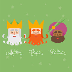 The three Kings of Orient, wise men, 3 magi icons vector green set. Melchior, Caspar and Balthazar written in Spanish
