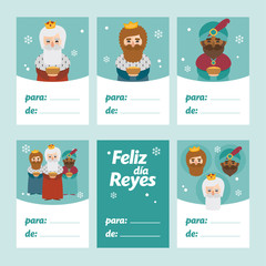 Collection of 6 Christmas card templates. Vector illustration. Template for Greeting Scrap booking, Congratulations, Invitations. Green. Happy Epiphany, to: from: written in Spanish