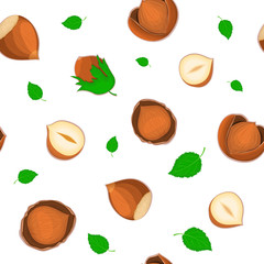 Vector seamless pattern hazelnut nut. Illustration of peeled nuts and in shell isolated on white background it can be used as packaging design element printing brochures on healthy and vegetarian diet