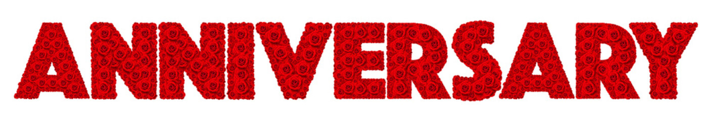 Red rose flower set in anniversary word isolated on white background