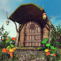 Baśniowa chatka w drzewie z koniczyną, monetami i kolorowymi kwiatami © Obsidian Fantasy