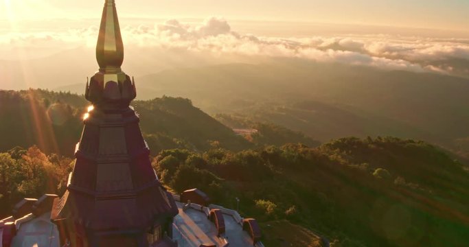 Aerial view of Buddhist pagoda temple in Thailand at sunrise