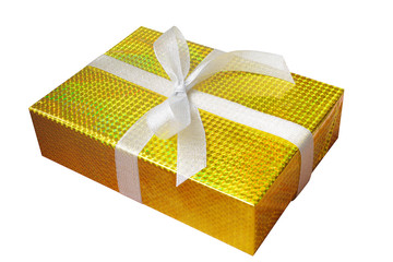 Gift box wrap and ribbon with gold foil wrapping paper and white