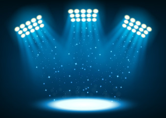 Blue bright stadium spotlights on dark background Vector Illustration