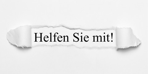 Helfen Sie mit! auf weißen gerissenen Papier
