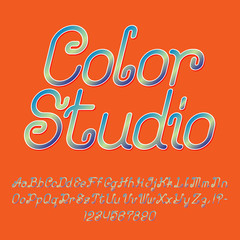 Beautiful colorful curly font, italic type. Isolated english alphabet of capital and lowercase letters with numbers and punctuation marks. Color Studio text lettering.