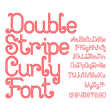 Beautiful red double stripe curly font. Isolated english alphabet of capital and lowercase letters with numbers and punctuation marks.