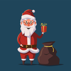 Funny Santa Claus holding gift in hand. Cartoon vector illustration.