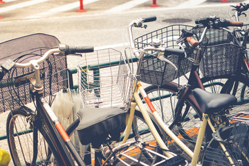 Bicycles parking in the big city. Natural light, selective focus