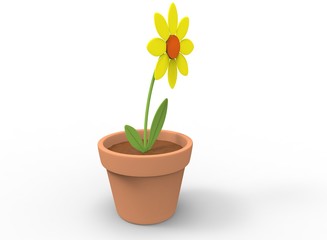 3d illustration of cartoon flower in the pot. white background isolated. icon for game web.