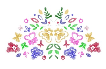 Floral design , embroidery pattern. Colorful vector illustration hand drawn. Fantasy flowers leaves and butterflies. T-shirt designs.