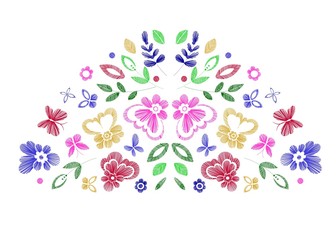 Obraz na płótnie Canvas Floral design , embroidery pattern. Colorful vector illustration hand drawn. Fantasy flowers leaves and butterflies. T-shirt designs.