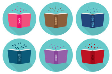 Set of fiction genre icons romance, fairytale, detective, adventure, science fiction, horror