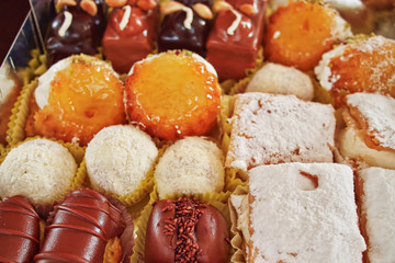 variety of french pastry sweets, tasty  background