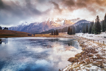 Small lake in the Italian Dolomites. Beautiful mountain landscap