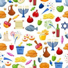 Happy Hanukkah . Seamless vector background. Cartoon style Jewish holiday illustration - 128848737