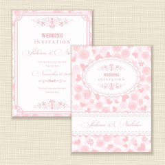 Set of 2 Wedding Invitation card with roses and hearts.