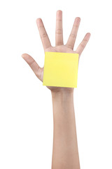 Woman hand showing the note paper isolated with clipping path