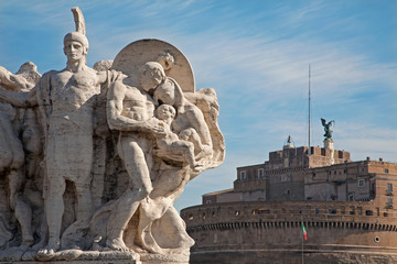 ROME, ITALY MARCH - 21, 2012: Sculpture from Vittorio Emanuele bridge and Angel s castle in...