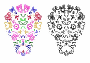 Skulls with fantasy flowers and butterflies. Vector illustration hand drawn. T-shirt designs. Floral embroidery .