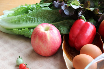 Vegetable and fruits ingredients background on the wood table