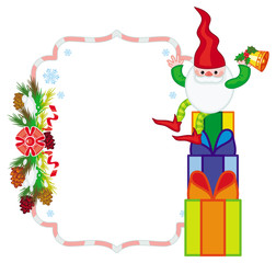 Holiday frame with decorations and Christmas elf. Copy space. 