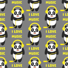 I love music. Seamless pattern with funny panda with headphones on a grey background.
