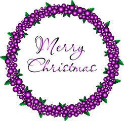 Christmas wreath with violet berries and hand drawn luxury inscription Merry Christmas. Vector illustration.