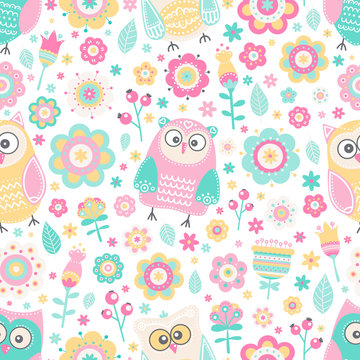 Cute flat owl. Vector seamless pattern with birds and flowers. Pastel colors - pink, yellow, green, grey and white. Cute background for kids. Flat style.