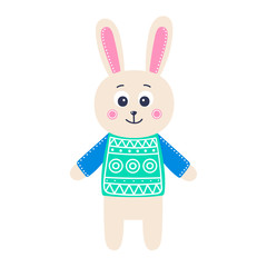 Cute rabbit. Vector hand drawn smiling rabbit in sweater. Isolated. On white background. Nice animal for kids design. Illustration in flat style.