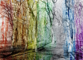 Abstract watercolor background with fantastic trees, double expo