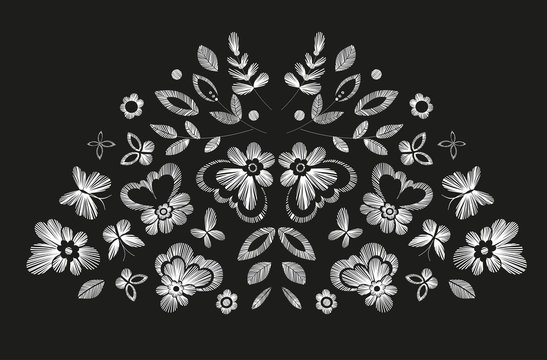 Floral design , embroidery pattern. Monochrome vector illustration hand drawn. Fantasy flowers leaves and butterflies. T-shirt designs.
