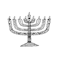 Hanukkah. Jewish religious holiday. Chanukah candle. Doodle, zentangle, hand draw sketch Vector illustration on isolated background