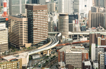 Osaka skyline with elevated highway in Japan