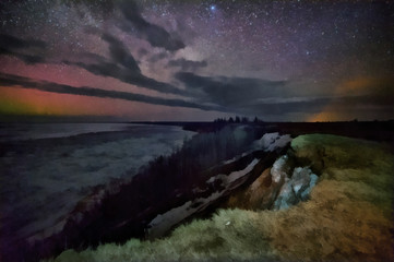 Fototapeta na wymiar Watercolor with starry sky above the lake.