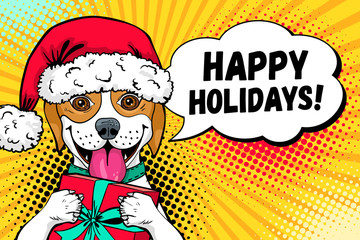 Wow dog face. Funny surprised dog in Santa Claus hat with open mouth and gift box in his paws and Happy Holidays speech bubble. Vector Christmas illustration in retro comic style. New Year background.