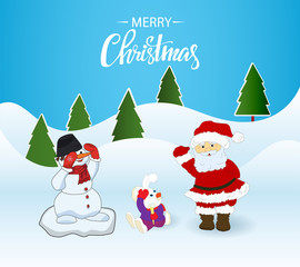 Christmas card Santa Claus,Bunny and snowman