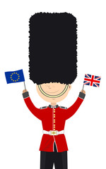 English soldier  Beefeater stands with euro and british flags on a white background