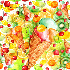 Seamless vintage watercolor pattern. Kiwi fruit, berries, ice cream, popsicles, painted in watercolor. Use for packaging, design, postcards, backgrounds