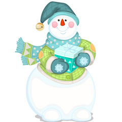 Snowman with a gift. Isolated object.
