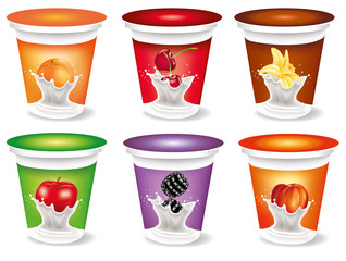Yogurt Packaging Design Template with apricot, cherry, vanilla flower, apple, peach, blackberry