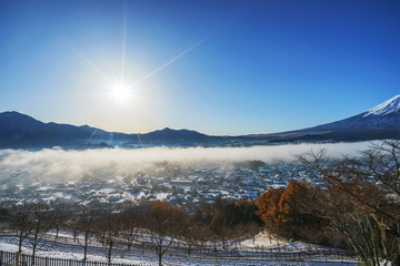 Mt. Fuji with red pagoda, Fujiyoshida, Japan