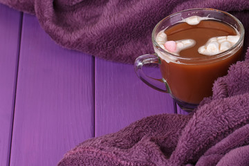 hot chocolate, cozy knitted blanket.