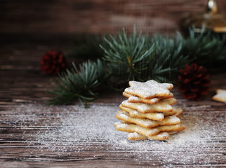 Christmas or new year gingerbread cookies in a wooden box