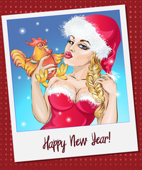 Happy New Year polaroid card, Pin-up girl with cock, hand drawn vector illustration