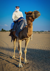 Arab man riding a camel in the desert